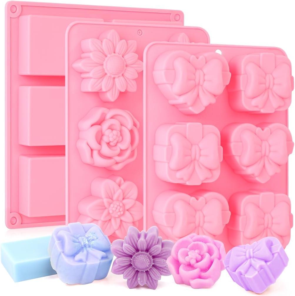 SJ Soap Molds 3 Packs, Rectangle Heart and Flower Shape Silicone Soap Molds for Soap Making, 6 Cavity for Bath Bombs, Homemade Soaps, Jelly, Pink