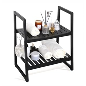 VVW 21.6 Inch Bamboo Shower Bench Seat Chair Stool with Arms for Inside Shower, Heavy Duty Spa Bath Chair with 2 Movable Hooks, Non-Slip Feet for Bathroom Accessories (Black)