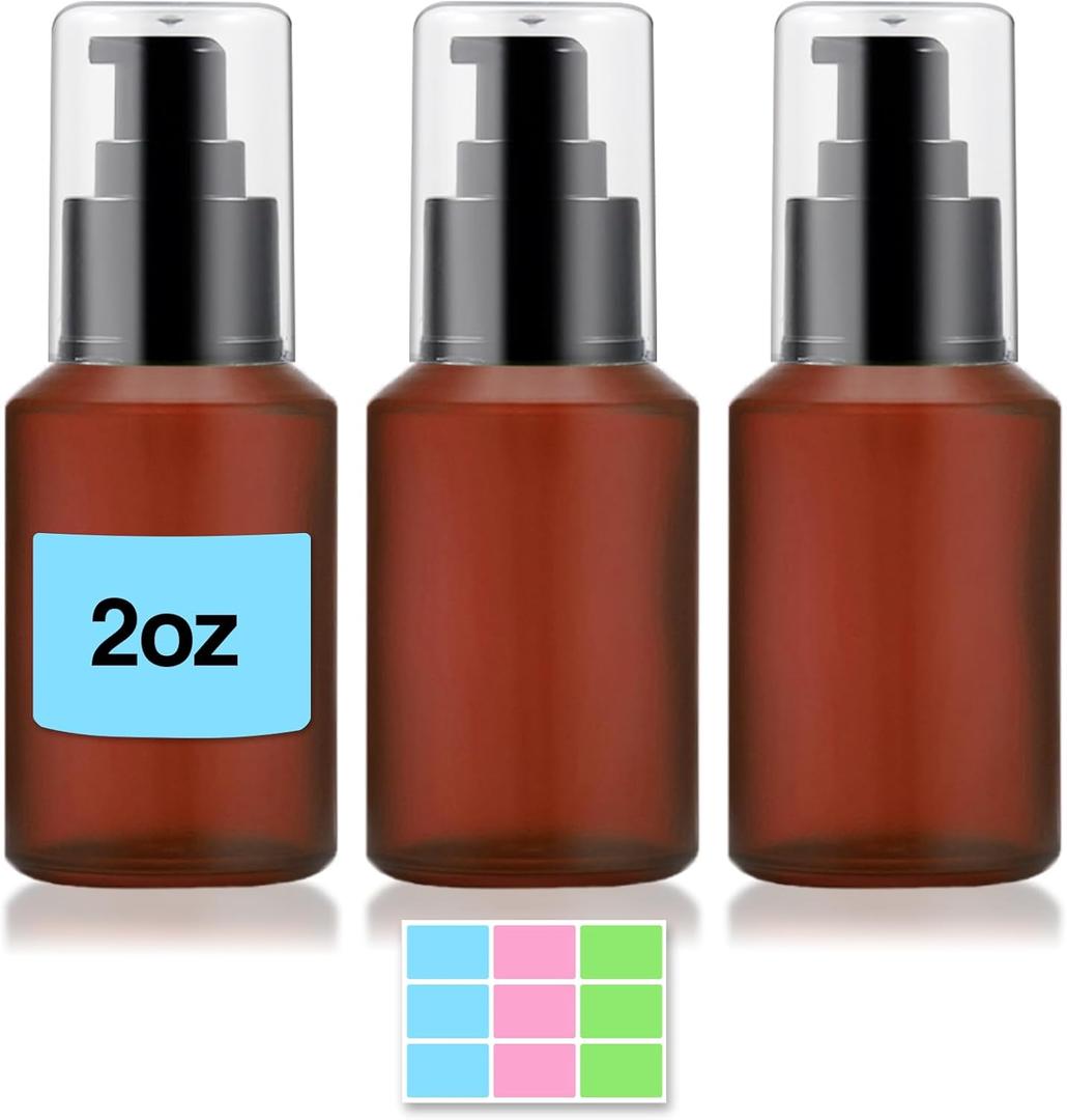 3PCS 60ML/2OZ Empty Reddish Brown Frosted Glass Bottles with Pump Refillable Vial Cosmetic Dispenser Jars Storage Travel Lotion Container Portable Sample Bottle for Toiletries,Foundation,Cream,Lotion