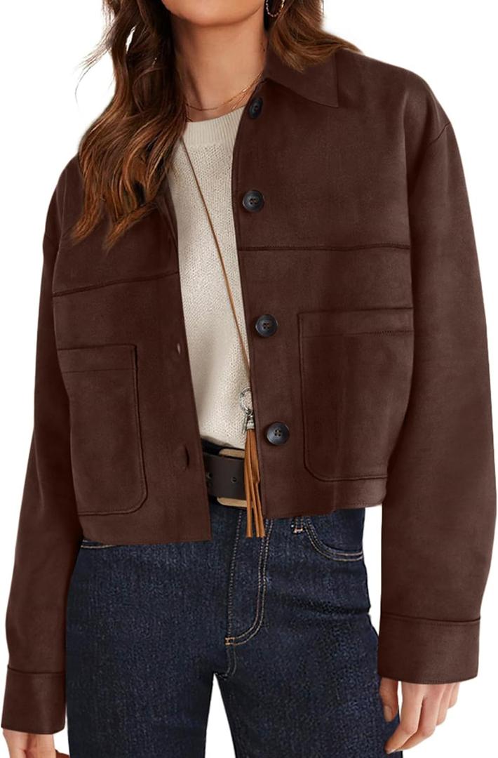 Women's Casual Faux Suede Cropped Jacket Button Down Coat Outwear with Pockets, L