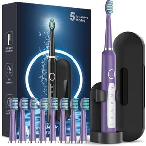 Rtauys M5 Electric Toothbrush for Adults - Sonic Electric Toothbrush for Kids and Adults with 8 Brush Heads & Travel Case, 120 Days Battery Life - Purple