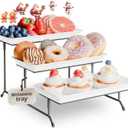 3-Tier Melamine Serving Tray Set, 11.5" x 5.6" Platters for Serving Food, White Reusable Trays with Black Metal Display Stand for Cupcakes, Sevring Food, Dessert, Fruit, Cookie, Black