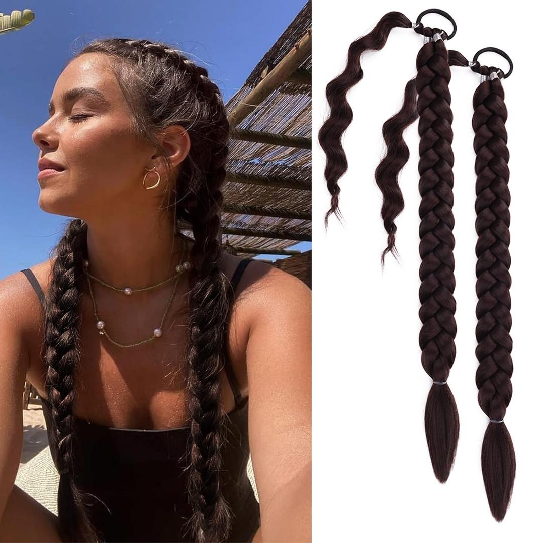 2 Packs Dark Brown Long Braided Ponytail Extensions with Hair Ties Natural Soft Synthetic Hair Piece for Black Women Straight Wrap Around Hair Extensions Ponytail