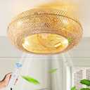 20" Boho Ceiling Fans with Lights and Remote Control, Rattan Caged Flush Mount Ceiling Fan with Light, Enclosed Timing 6 Speeds Reversible for Living Room Bedroom Dining Room