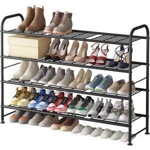 LINZINAR Shoe Rack Long 4 Tier Shoe Storage Organizer Metal Wide Shoe Shelf for Closet Entryway Bedroom 24 Paris Large Capacity, Gold Black