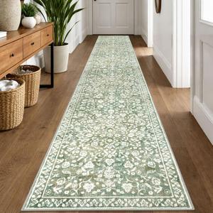 Vintage Runner Rugs for Hallway 2x12, Sage Green Beige Washable Extra Long Hallway Runner Rug Non Slip, Super Soft Kitchen Runner Rug, Print Faux Wool Floral Thin Carpet Hall Runner