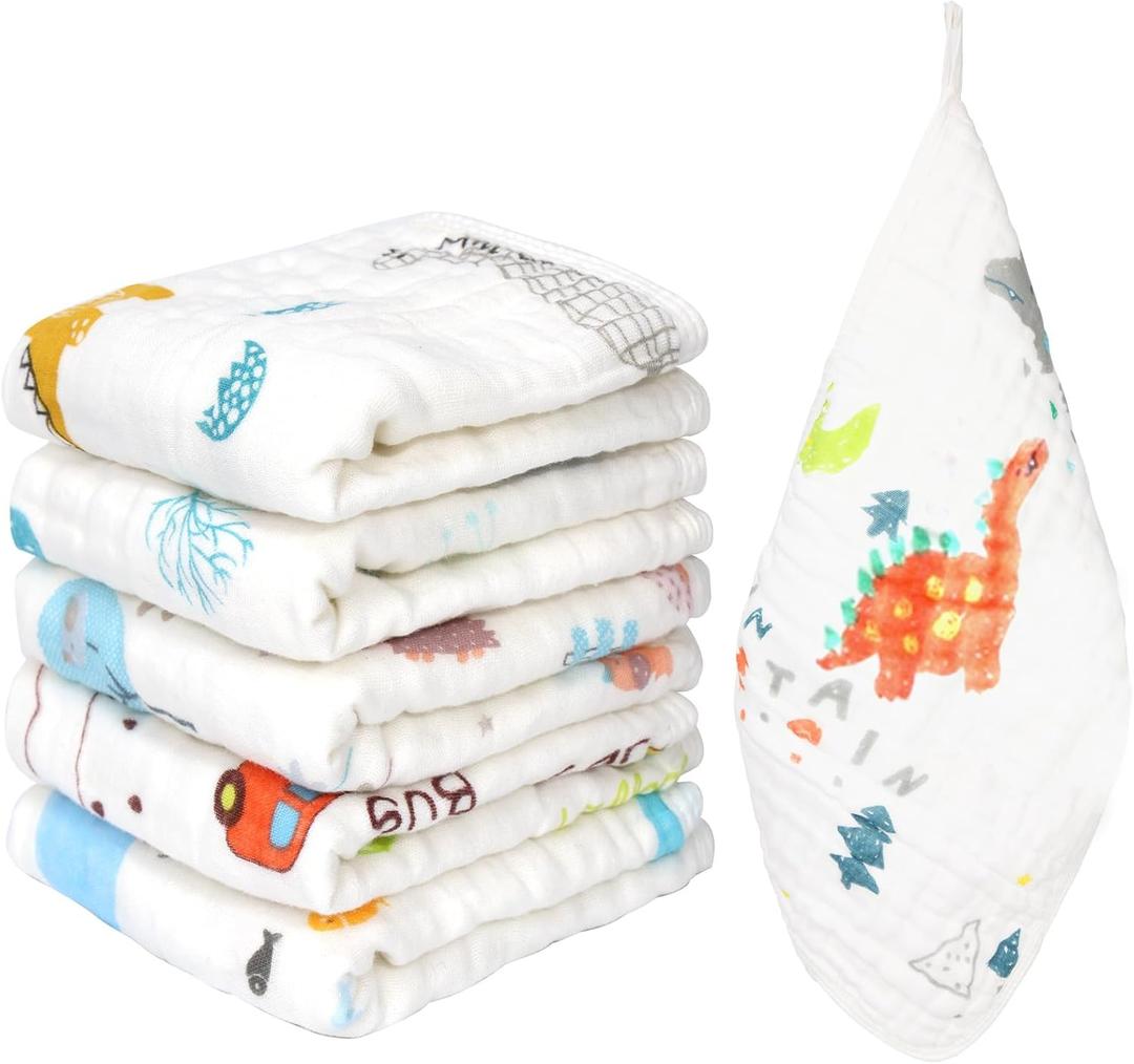 Muslin Burp Cloths 100% Cotton 20''x10'' Hand Washcloths for Baby, Super Soft and Absorbent 6 Layers Baby Burping Cloth for Boys Girls (Dinosaur & Animals, 6 Pack) (Car)