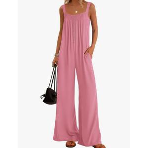 KIRUNDO Summer One Piece Jumpsuits For Women 2025 Casual Loose Button Sleeveless Romper Knit Wide Leg Overalls With Pockets XL