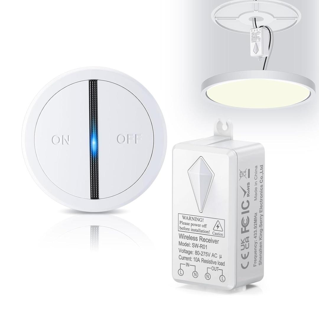 Wireless Light Switch, No In-Wall Wiring Required, Waterproof Remote Control, 1300ft RF Range, Programmable, White