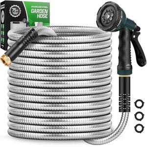 Amayrose Garden Hose 75 FT with 10-Function Nozzle, Leak-proof Metal Connector Hose, No Knots, Kink-Free, Lighter, Anti-Pets, Wear-Resistant, 3/4 GHT, Water Hose for Garden, Yard, Outdoor