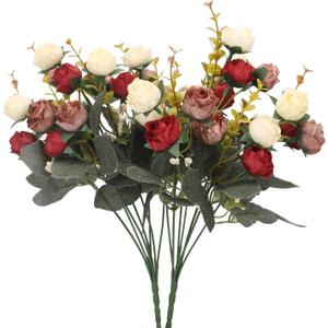 Duovlo 7 Branch 21 Mini Rose Heads Artificial Flowers Bouquet Wedding Home Office Decor,Pack of 2 (2 PCS Red)