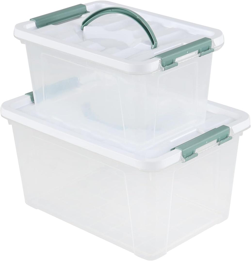 2-Pack Plastic Lidded Storage Box with Handle, Organizing Container with Lid and Latching Buckles (7 Quart/14 Quart)
