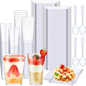 Nuogo 300 Pcs Mini Dessert Cups with Spoons 5.6 oz Square Plastic Dessert Cups 3 oz Round Shooter Containers 3.6 Inch Clear Plastic Plates Disposable Containers for Appetizers Parfait Pudding(Clear)