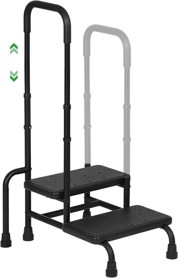 LUCKUP Step Stool with Handle, 2-Step Stools with Adjustable Handrail & Reinforced Leg, Bedside Stair Stool for Adults Elderly Children, Non-Slid Foot Bed Steps for High Beds, Kitchen, Bathtub