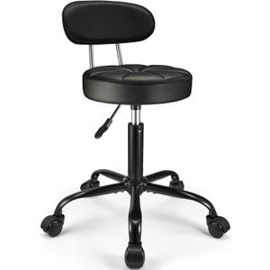 PU Leather Rolling Stool with Back Support Height Adjustable Swivel Stool Chair with Wheels Drafting Chair for Spa Slaon Massage Stable Base Foot Black