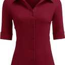 Women's Basic Button Down Shirts Sleeve Stretch Button Up Dress Shirt Slim Fit Waitress Work Shirts, M, Wine Red