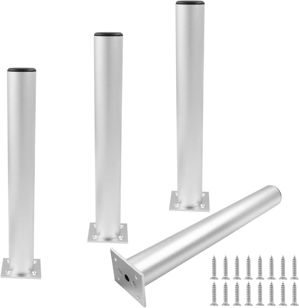 Set of 4 Aluminum Alloy Furniture Legs 10 Inch Height, 1.5 Inch Diameter Adjustable Cabinet Legs, Metal Round Sofa Legs Adjustable Feet for Kitchen, Table, Cabinet, Shelves (Silver)