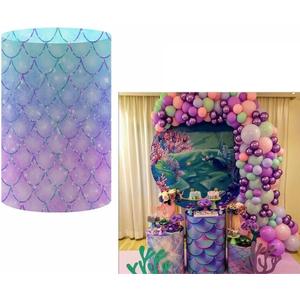 Cylinder Plinth Covers Underwater Little Mermaid Pedestal Covers Glitter Purple Blue Scales Baby Shower Girls 1st Birthday Party Cake Table Decor Banner (D36cm H75cm, No-270c)