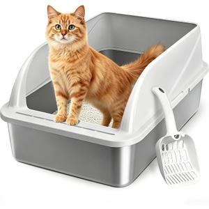 Stainless Steel High Sides Cat Litter Box with Scoop, Open Top Litter Pan for Indoor Cats, Easy to Clean, Reduced Litter Scatter, Medium