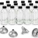 15 Pack, 4 oz Small Clear Glass Bottles with Lids & 4 Stainless Steel Funnels - 120ml Boston Sample Bottle for Potion, Juice, Wellness, Ginger Shots, Whiskey, Liquids - Mini Travel Essential Bottles