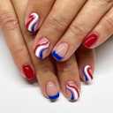 4th of July Short Press on Nails Square Curve Fake Nails Red Nude Nails Press on French Tip Glue on Nails Full Cover False Nails Glossy Stick on Nails Glossy Acrylic Nails for Woman 24Pcs