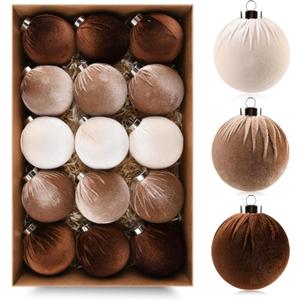 Brown Velvet Christmas Tree Ornaments - 15pcs Shatterproof Christmas Balls for Xmas Trees Decorations - Multicolor Brown Neutral Beige, 80mm 3.15inch