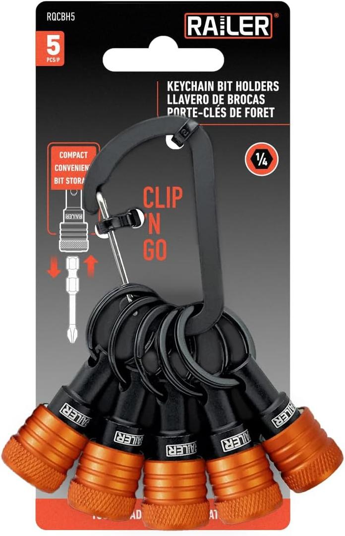 Railer Bit Holder Keychain 5pc - 1/4 inch Hex Shank Aluminum Alloy Bit Holders - Quick Release Bit Holder for Nut Driver, Screwdriver & Drill Bits w/Carabiner - Tool Gifts for Men (Orange)