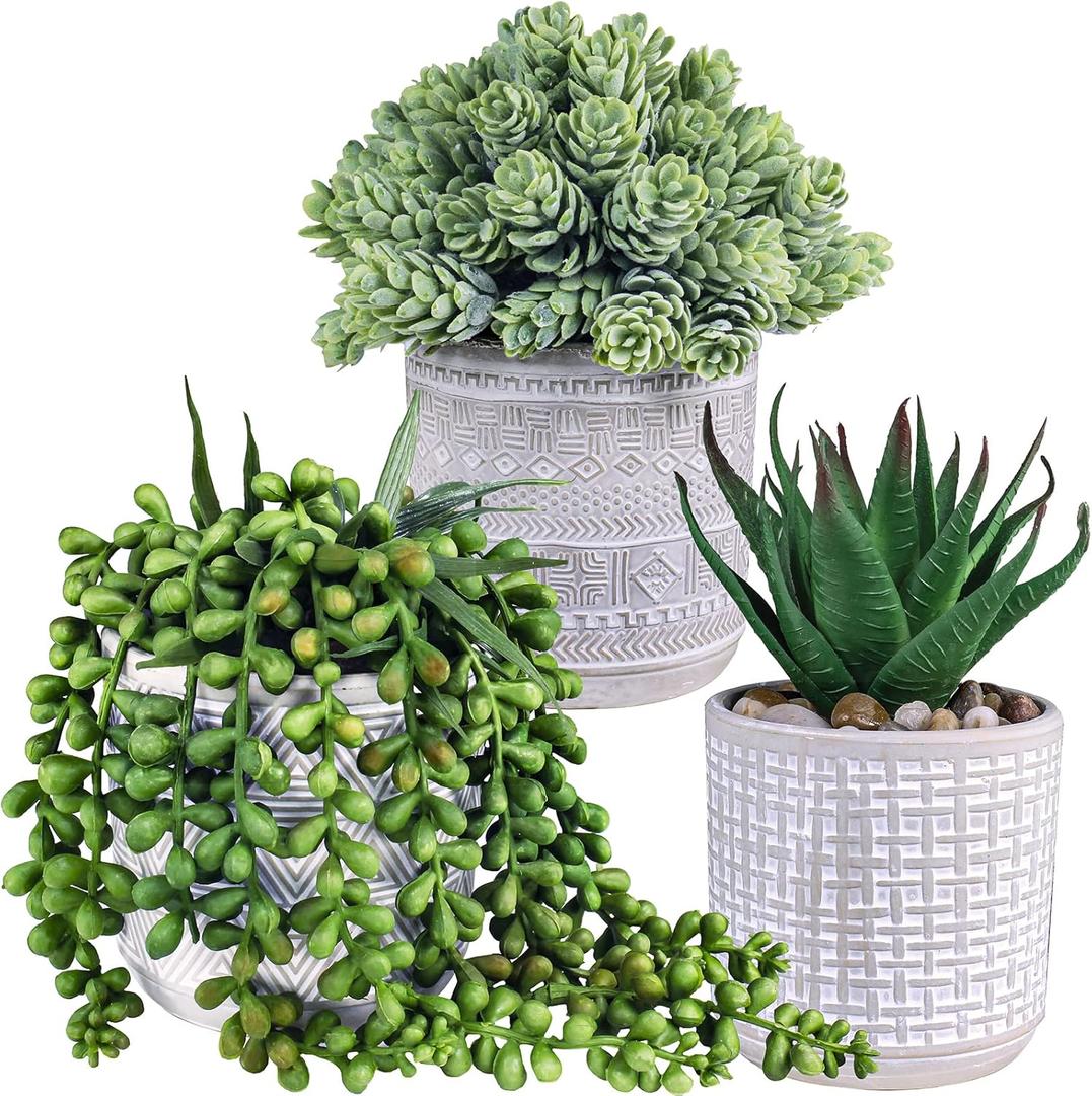 Set of 3 Assorted Small Potted Succulent Plants Fake Aloe String of Pearls Hops Succulents in Gray Geometric Concrete Ceramic Pots for Gifts Modern Home Office Desk Table Indoor Outdoor Greenery Decor