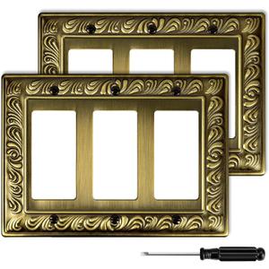 Antique Brass Decorative Wall Plate Light Switch Cover Decorator Outlet Covers Rocker Switch Plates Metal Material Wall Plates for Kitchen Bathroom (3 Gang Triple Decorator-2 Pack)