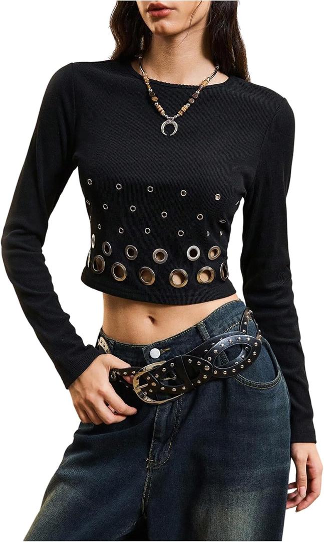 WDIRARA Women's Grommet Eyelet T Shirts Crew Neck Long Sleeve Knit Tee Grunge Punk Crop Tops, XS