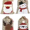 Hooin Christmas Sacks (13.8''x19.7'' Medium Size)  Pack of 4 Drawstring Burlap Goody Gift Bags for Christmas Treats. 4 Designs Santa Snowman Reindeer Penguin