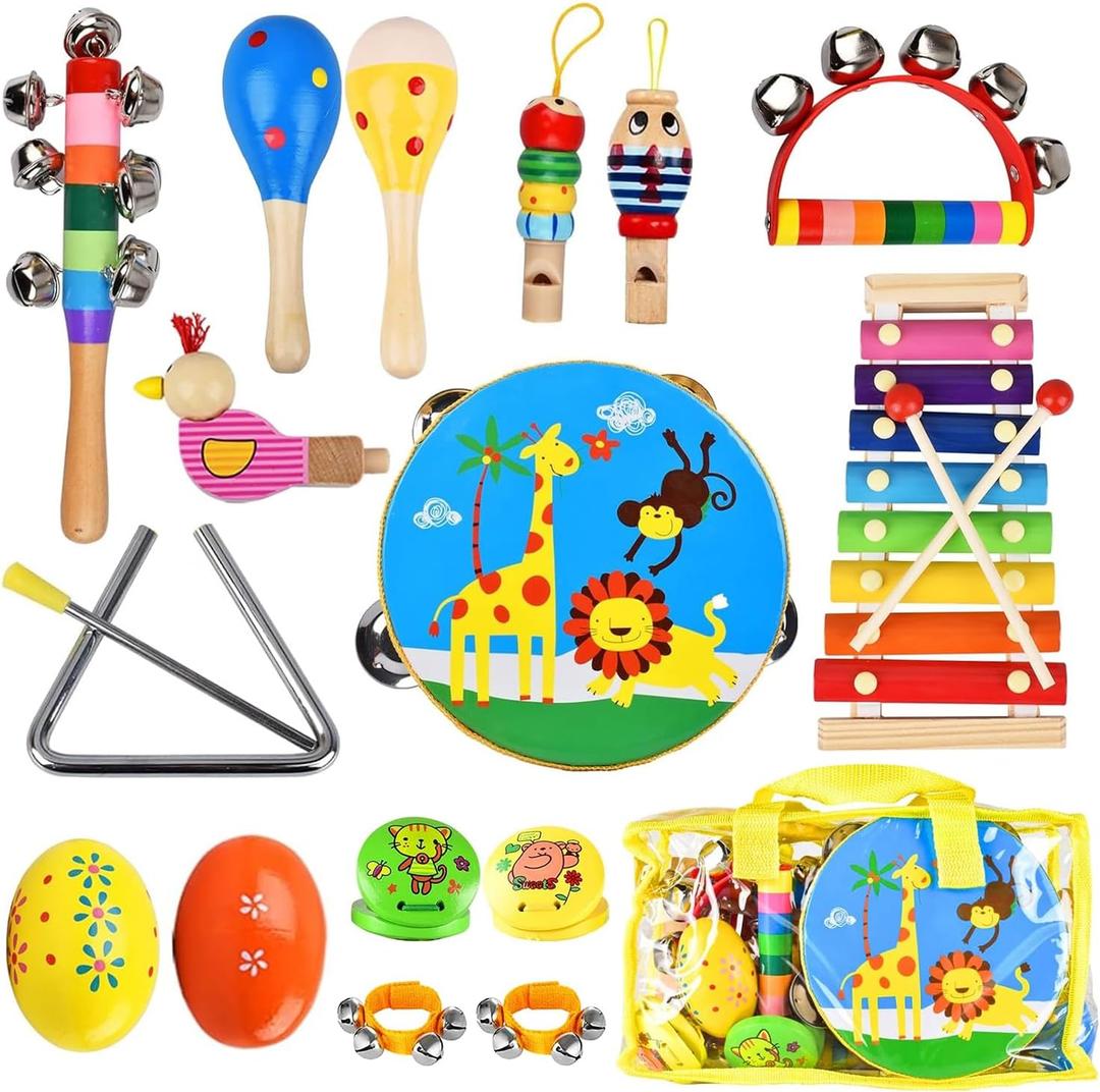Kids Musical Instruments Set, 20 Pcs Toddler Wooden Percussion Instruments for Baby Children with Tambourine Xylophone Maracas, Preschool Musical Toys Set for Boys and Girls with Carrying Bag