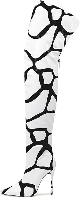 LINMUYOUJIA Thigh high boots for women striped Back zipper Burgundy Zebra Print Over the knee Sexy gold white pointed toe Cow Print leopard Magenta stiletto heel -black-white-43