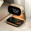 Digital Alarm Clock with Wireless Fast Charging Station 15W Touch Smart Lamp for Bedside,3 Colors Nightlight Adjustment Night Lamp for Living Room,Bedside,Heavy Sleepers (Woodgrain+Cable&Adapter)