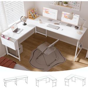 Pamray Reversible L Shaped Gaming Desk Large Corner Computer Desk with Storage Bag Home Office Table for Writing Study White 64.5 Inch