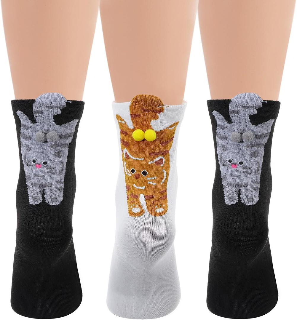 3 Pairs Cat Ball Socks, Cute Cat Socks with Balls 3D Novelty Cotton Animal Sock Funny Crew Sock for Women Girls