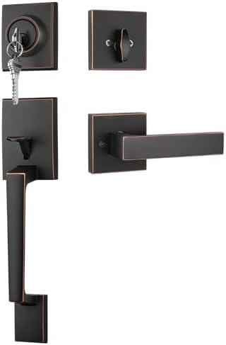 Haidms Oil Rubbed Bronze Front Door Handle and Deadbolt Set, Entry Door Handle and Deadbolt with Reversible Handle Lever,Front Door Lock Set, Door Handles and Locks
