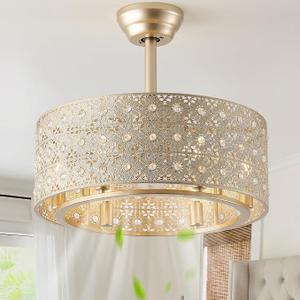 20" Gold Fandelier Crystal Ceiling Fans with Lights, Cage Gold Chandelier Ceiling Fan with Light Remote Control, 6-Speed for Bedroom, Nursery, Foyer, Living Room