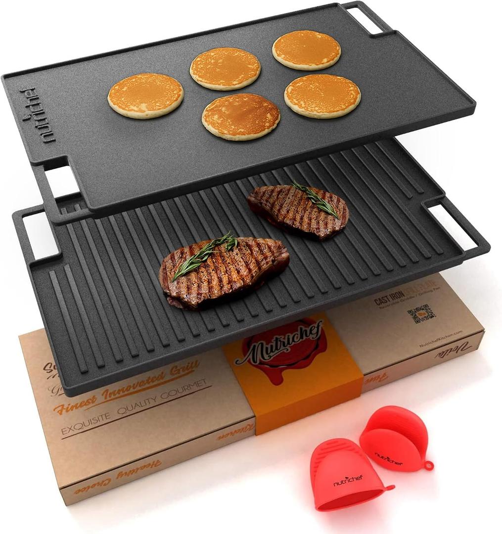 NutriChef Cast Iron Reversible Griddle 18x10 Inch Pre-Seasoned Flat Top & Ridged Grill Side, Stove Top Griddle for Gas Grill, Outdoor & Indoor Cooking
