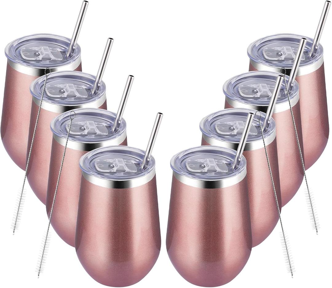 MEWAY 12oz Stainless Steel Wine Tumbler with Lid and Straw - Double Wall Stainless Steel Coffee Mug, Gift for Woman Under 10 dollars 8 Pack Bulk tumblers(Rose Gold,Set of 8)
