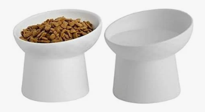 KITCHENLESTAR Ceramic Raised Cat Bowls, Elevated Tilted Cat Food and Water Bowls Set, Porcelain Stress Free Pet Feeder Dish for Cats and Small Dogs, Dishwasher and Microwave Safe, Set of 2(White)