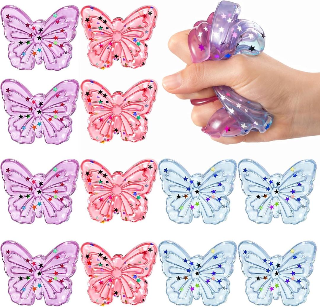 Meooeck 12 Pcs Butterfly Squeeze Fidget Balls Handmade Glitter Squeeze Butterfly for Stress Relief, Cute Soft Sticky Ball for Adult ADHD Autism Anxiety Birthday Party Gifts Basket Stuffers (Vivid)