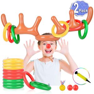 2 Set Inflatable Reindeer Antler Game (2 Reindeer Antler Hat with 12 Ring Toss, 2 Red Reindeer Nose, 1 Medal and 1 Hand-held Pump) Great Family Christmas Party Games