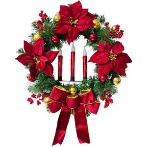 21 Inch Lighted Christmas Wreath Xmas Poinsettia Wreath for Front Door with Red Flameless Candles Ball Ornaments Berries Pine Needles and Velvet Bow for Outdoor Home Wall Window Holiday Decor