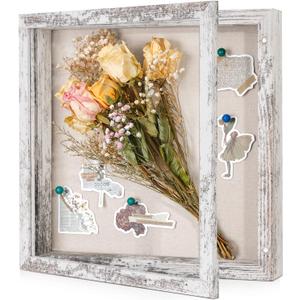 Califortree 11x11 Shadow Box Frame with Linen Back - Sturdy Rustic Memory Display Case of Flower, Pictures, Medals and More, Distressed White