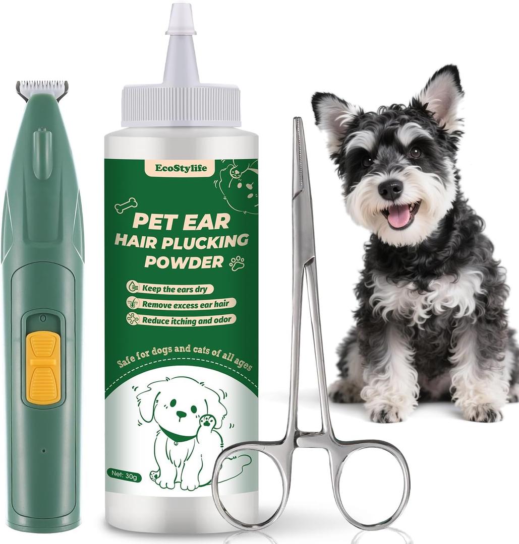 Dog Ear Hair Removal Tool 30g Ear Powder, 5.5" Hemostat & Electric Dog Ear Trimmer Helps Reduce Wax & Odor Grooming Kit for Schnauzers, Poodles & Breeds with Ear Hair