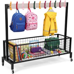 Classroom Metal Backpack Cart with Caster Wheels 11 Coat Hooks
Swivel Mobile Backpack Rolling Cart, Storage Rack Daycare Organizer, School Bag Trolley with Basket, for Kindergarten School