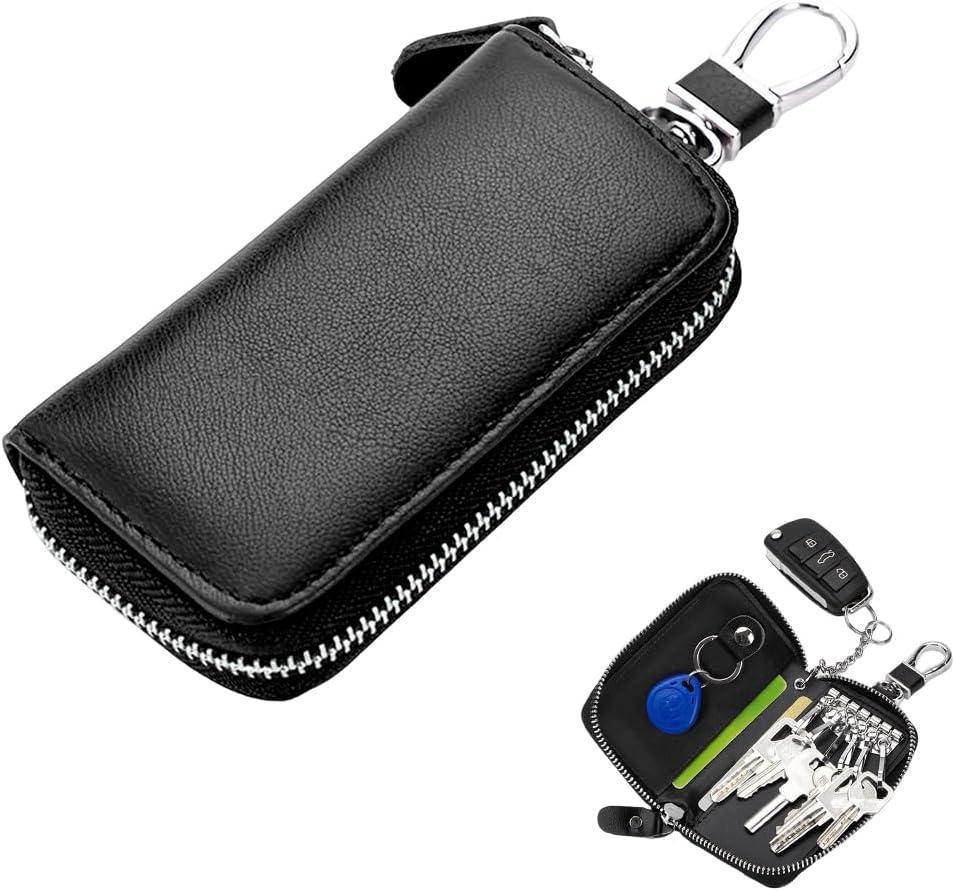 Leather Car Key Holder Bag, Unisex Key Fob Case with 6 Hooks, Zipper Closure Keychian Case Wallet for Smart Keys (Black)