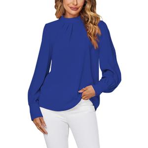 LYANER Women's Mock Neck Pleated Solid Long Sleeve Blouse Office Shirt Top (L)