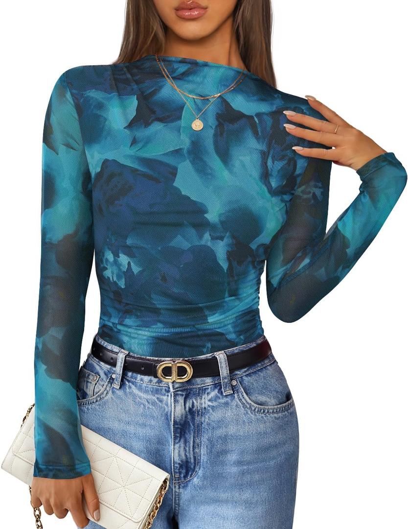 ZESICA Floral Long Sleeve Tops for Women 2026 Fall Mesh Mock Neck Ruched Fitted Shirts Going Out Blouses Trendy Clothes, L